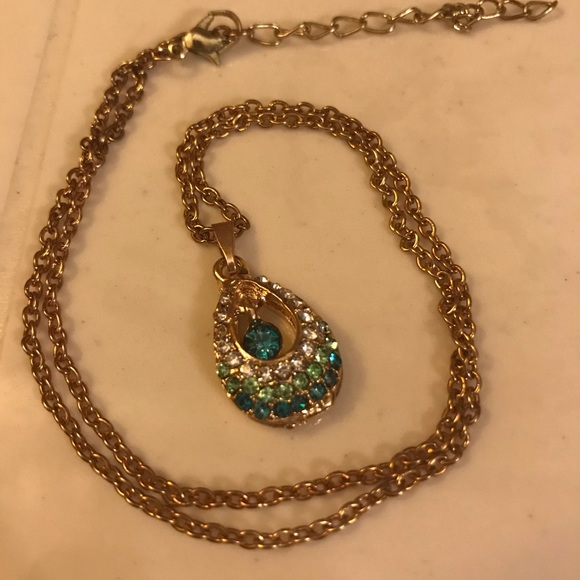 Teardrop gold-toned pendant with blue/green stones - Picture 3 of 6